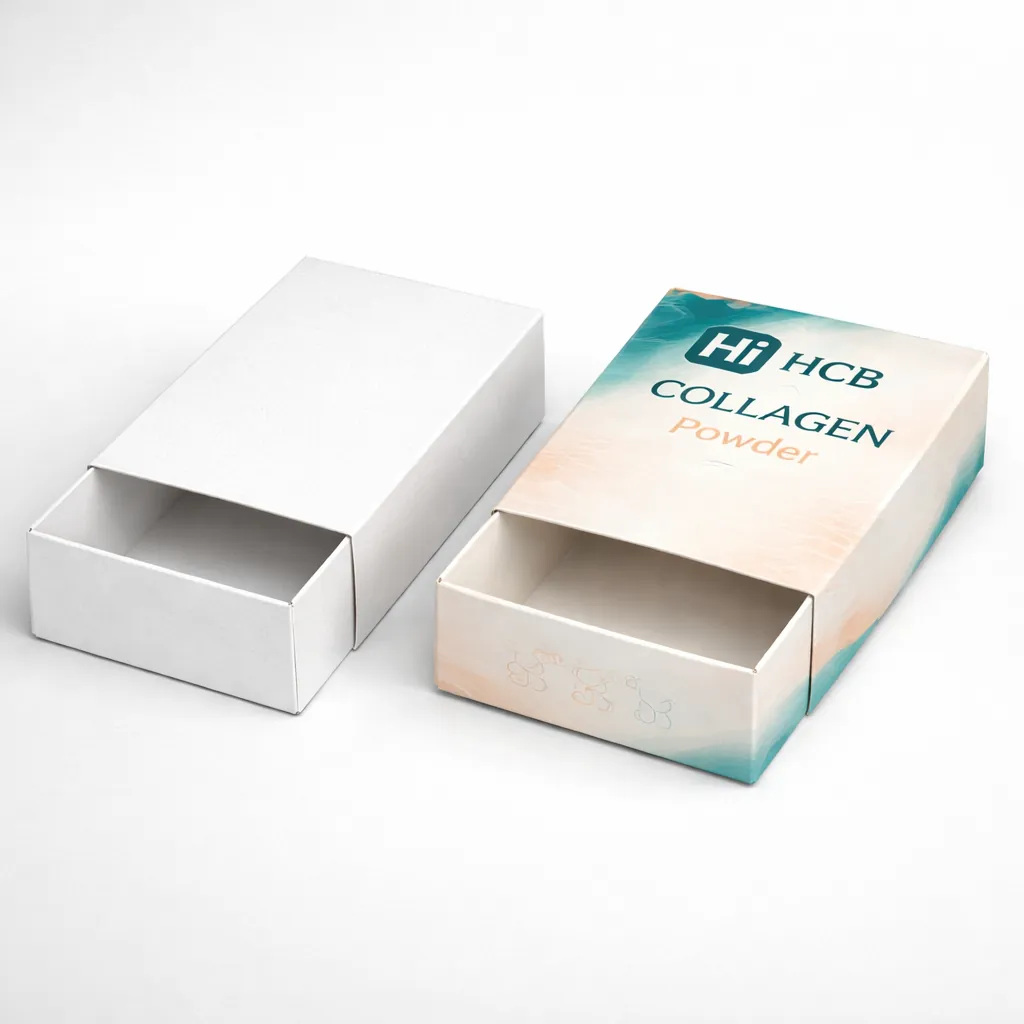 Two cardboard slide-out drawer boxes, showing one plain white and one with teal and peach branding. class=